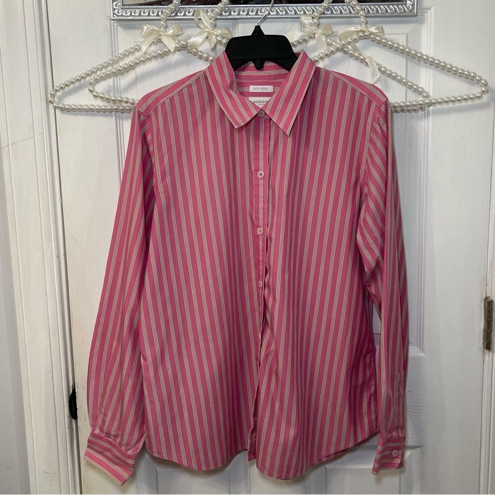 Classic Liz Claiborne Pink and Tan Striped Button Down Women’s Y2K Non-iron